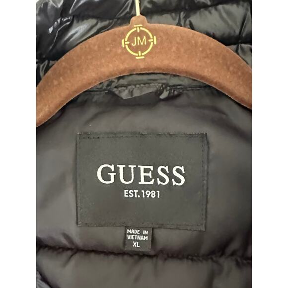Guess Mens Puffer Jacket Size XL Shiny Black Lightweight Side Panels - Picture 3 of 10